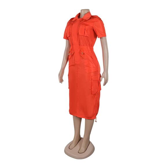 Rust Orange Multi-Pocket Cargo Drawstring Dress – Bold & Functional - Picture 5 of 16